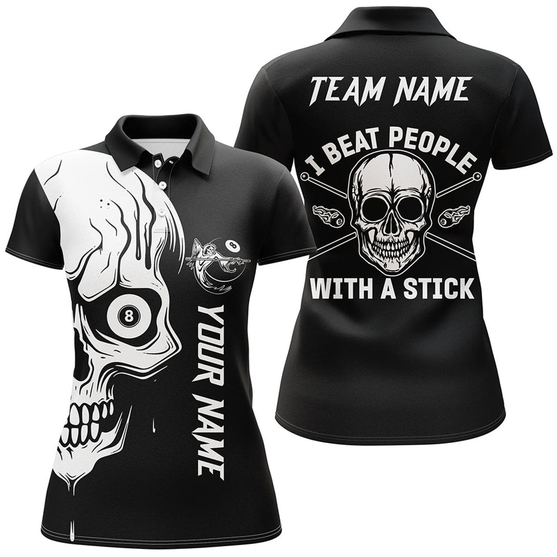Custom Name I Beat People With A Stick White Skull Billiard Women's Polo Shirts S-5XL