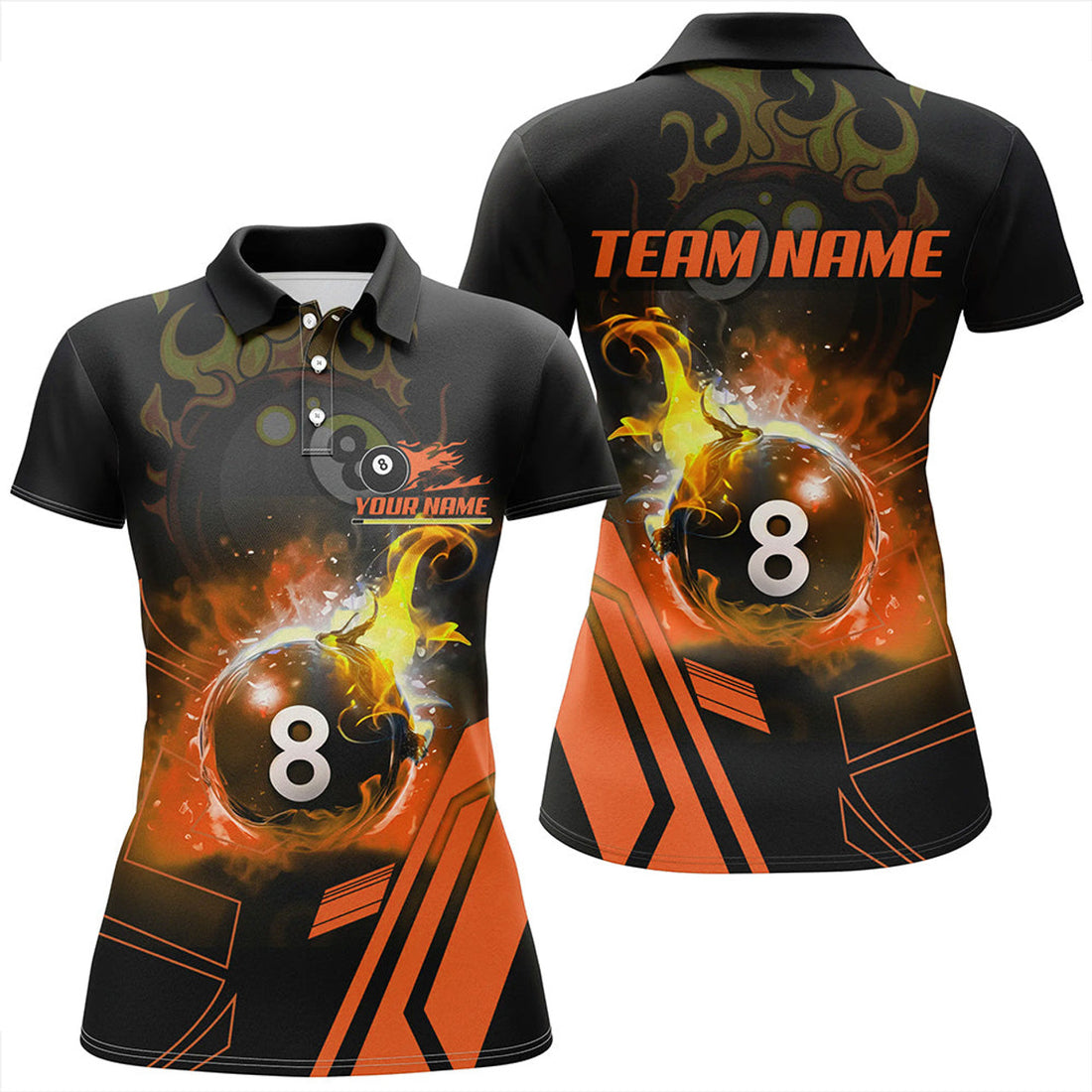 Custom Billiard 8 Ball Flame Orange 3D Printed Women's Polo Shirts S-5XL