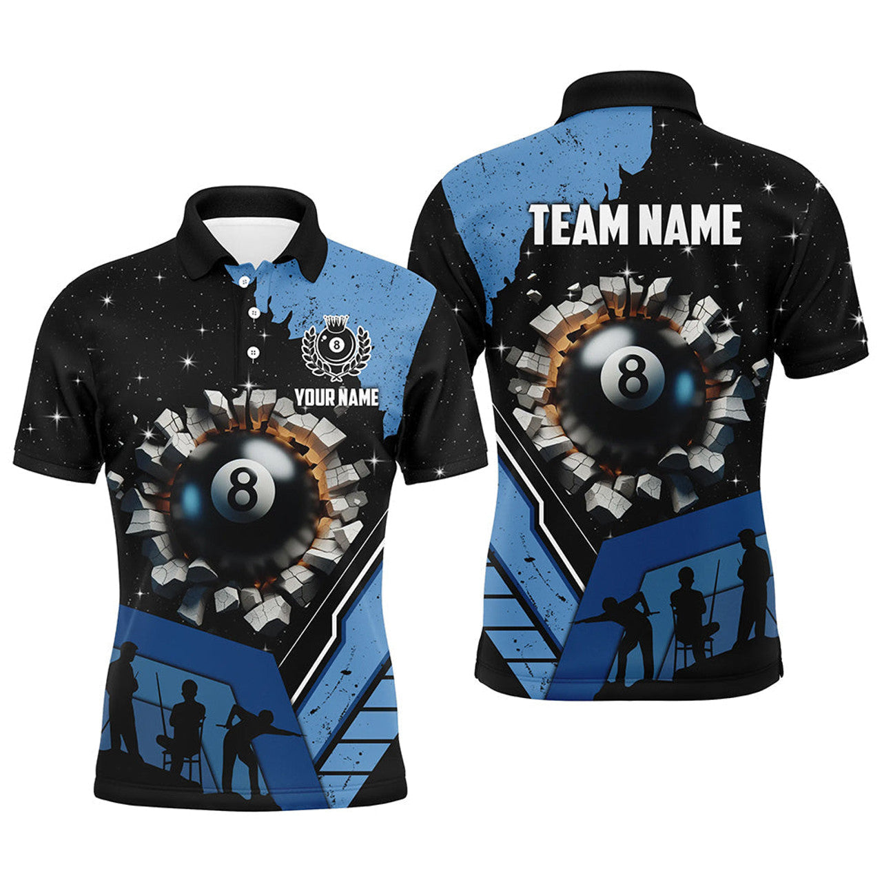 Personalized Blue Funny 8 Ball Pool Crack Custom Team League Billiard Mens Polo Shirt S-5XL