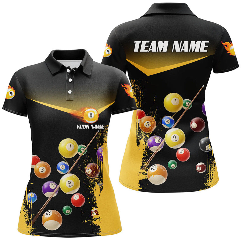 Custom Name Grunge Yellow 9 Ball Billiard Shirt for Poolers Women's Polo Shirts S-5XL