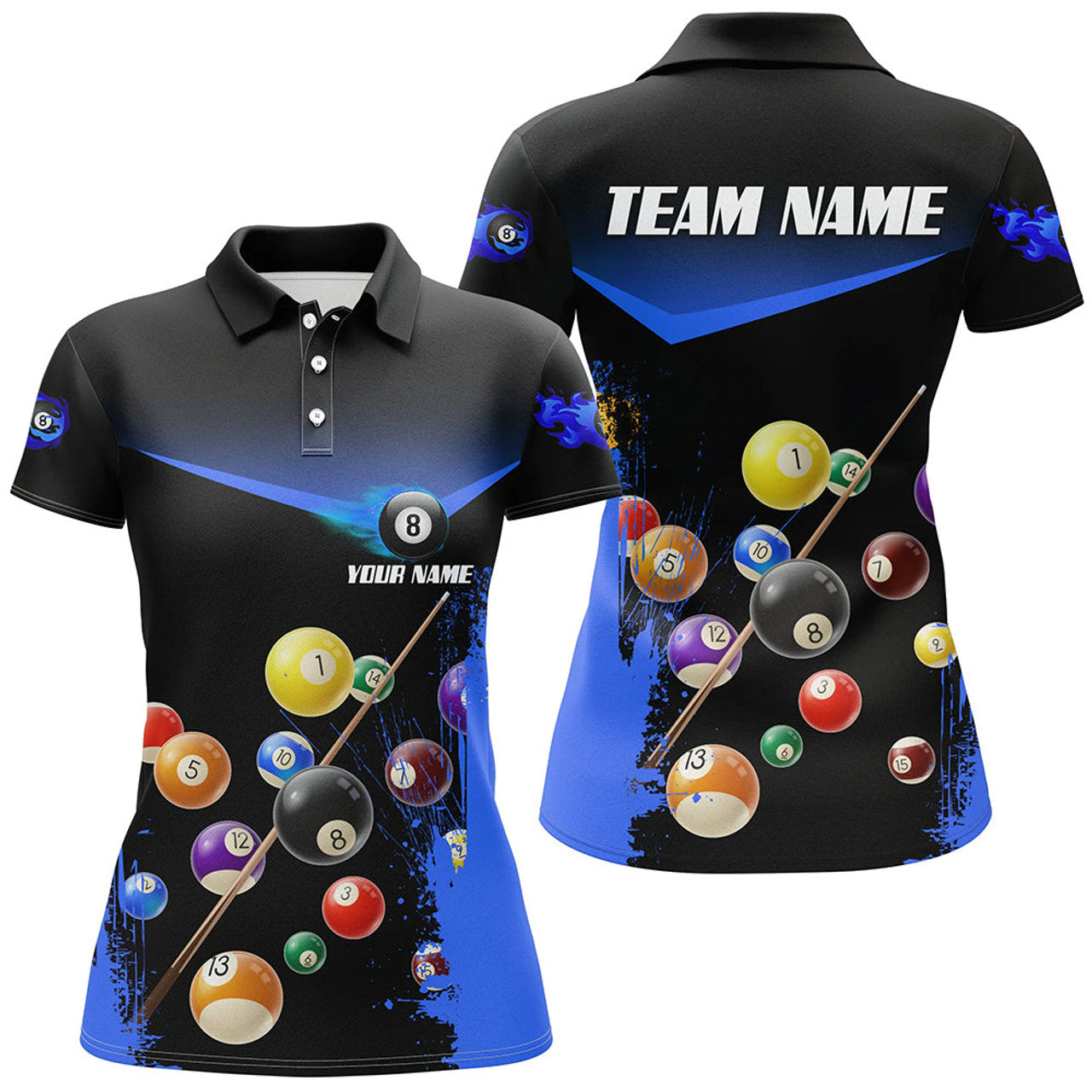 Custom Name Grunge Blue 8 Ball Billiard for Pool Player Women's Polo Shirts S-5XL
