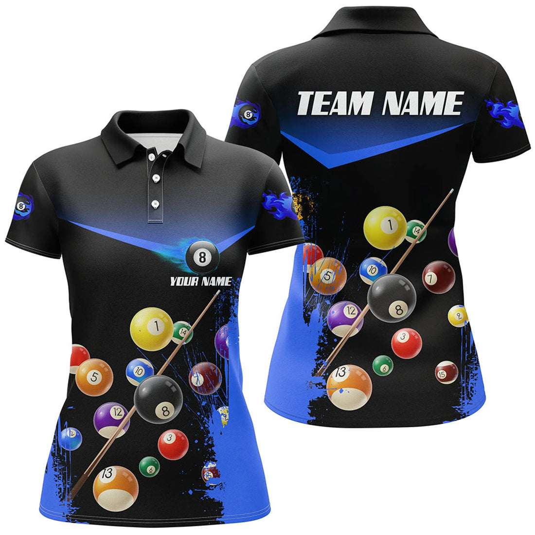 Custom Name Grunge Blue 8 Ball Billiard for Pool Player Women's Polo Shirts S-5XL