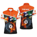 Custom Name Billiard 8 Ball Fire Water 3D Orange Men's Polo Shirt