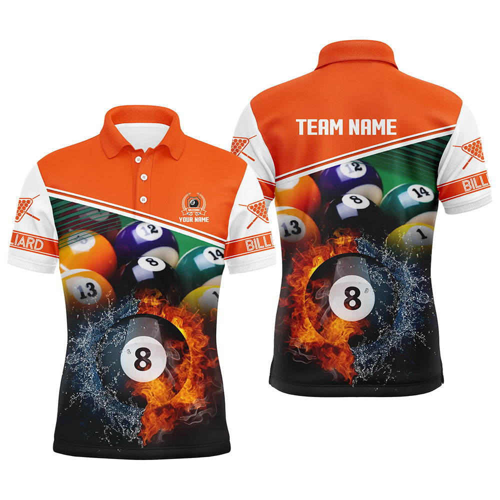 Custom Name Billiard 8 Ball Fire Water 3D Orange Men's Polo Shirt