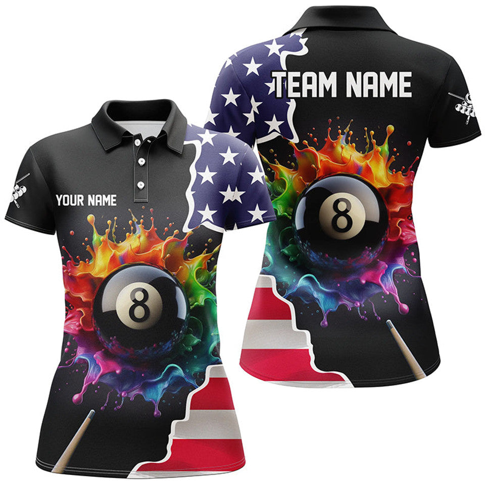 Custom Name USA Flag Paint 8 Ball Pool Billiard Design Women's Polo Shirts S-5XL