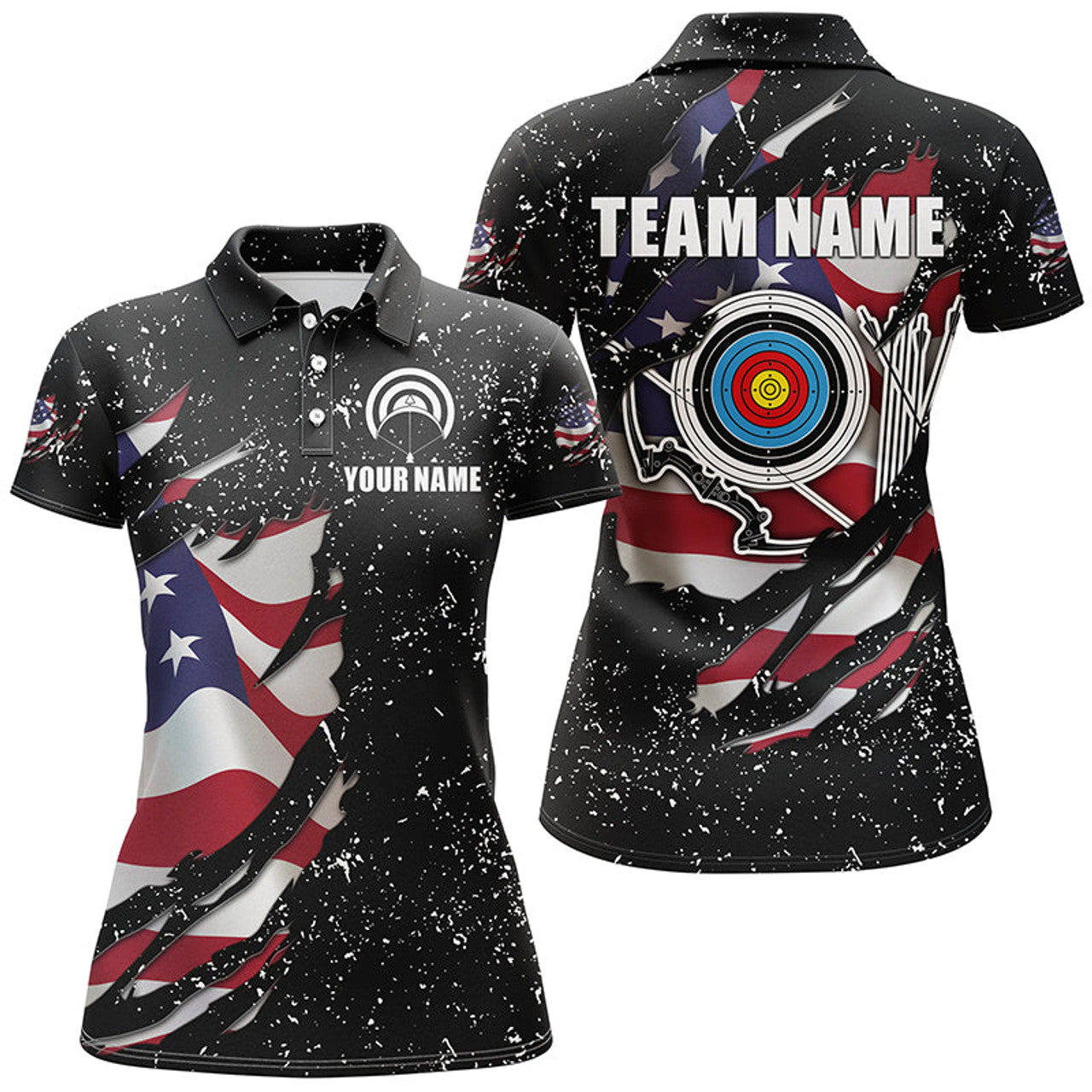 Custom Grunge American Flag Target Archery Sets Patriotic Women's Polo Shirts S-5XL