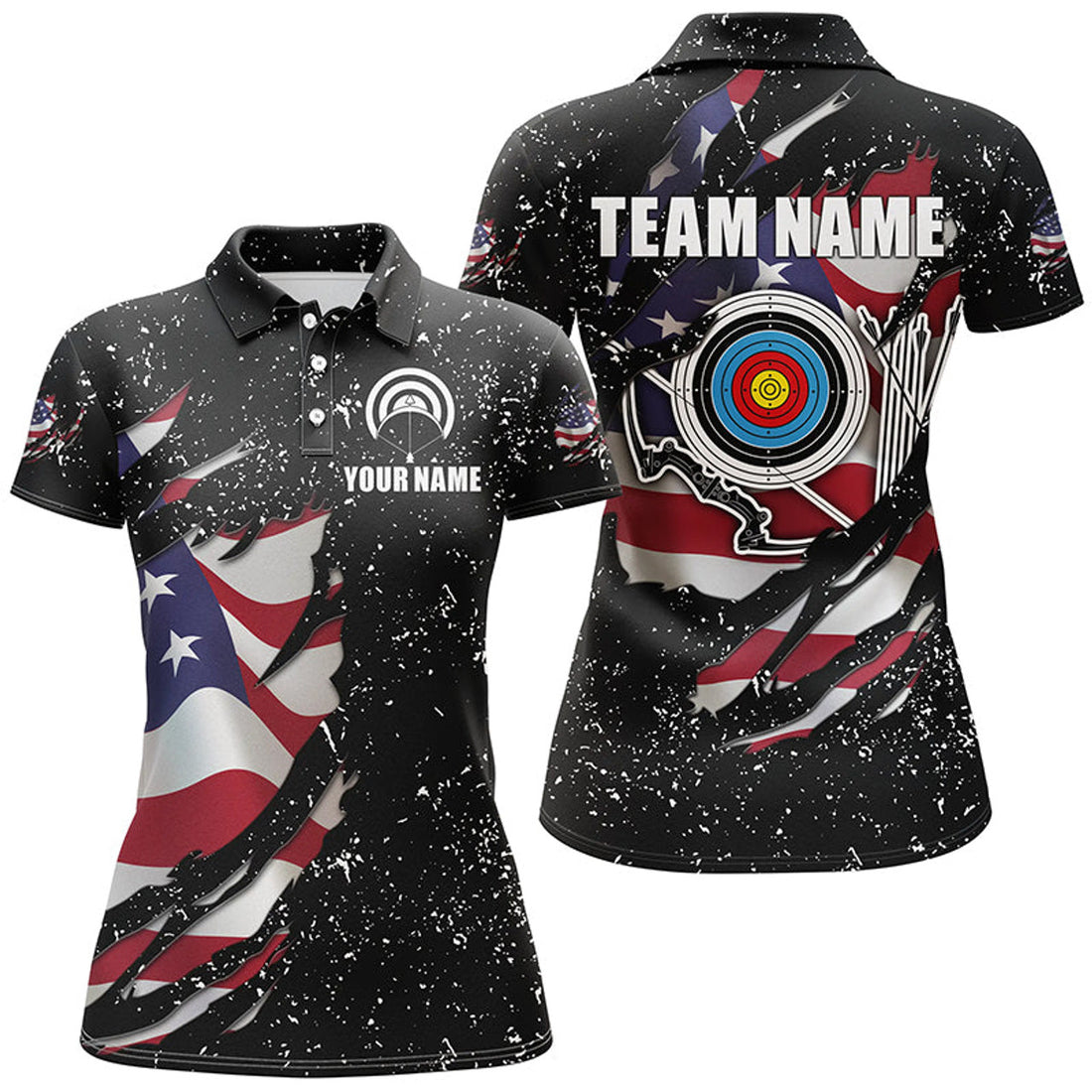 Custom Grunge American Flag Target Archery Sets Patriotic Women's Polo Shirts S-5XL
