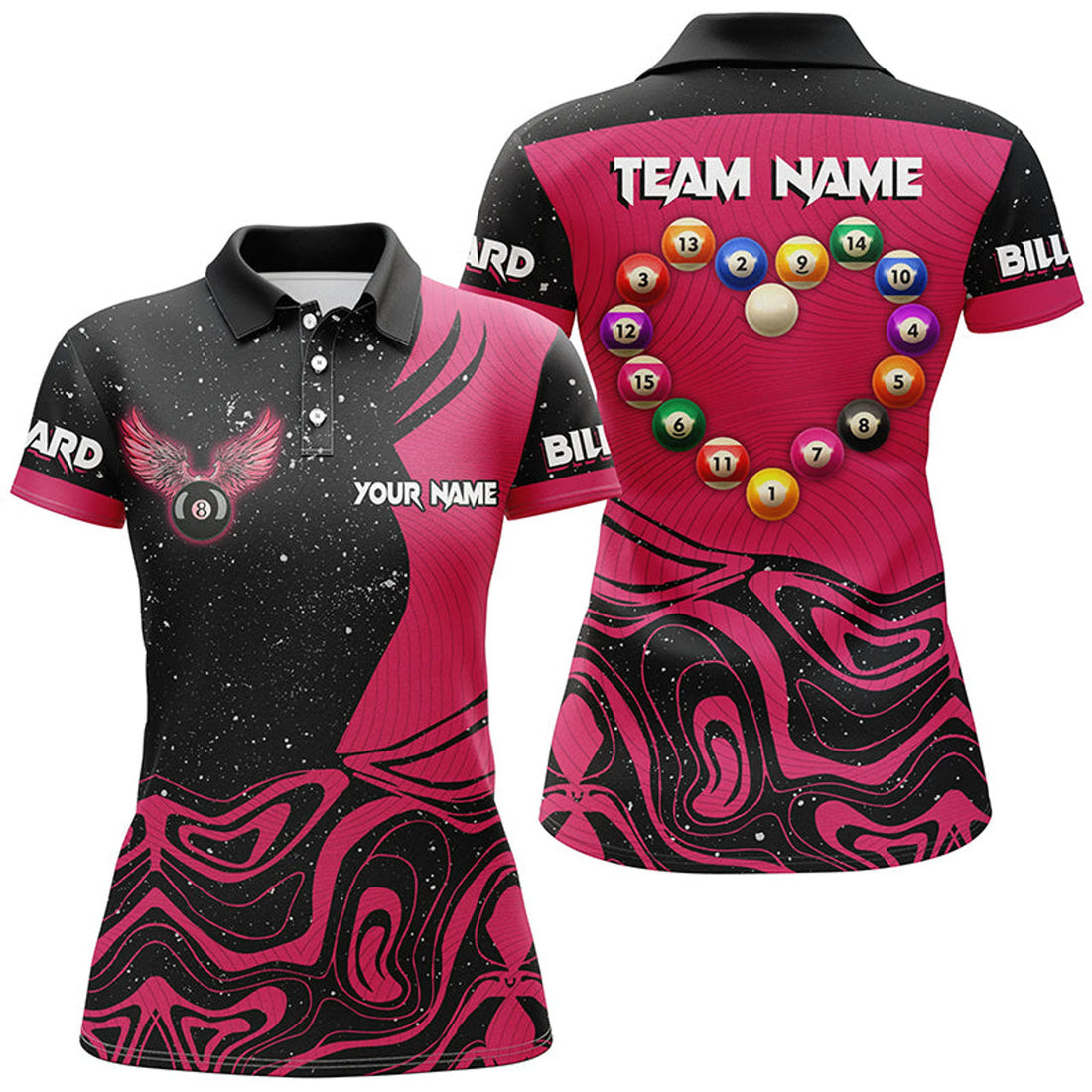 Custom Personalized Funny Billiard Balls Heart Pink Women's Polo Shirts S-5XL