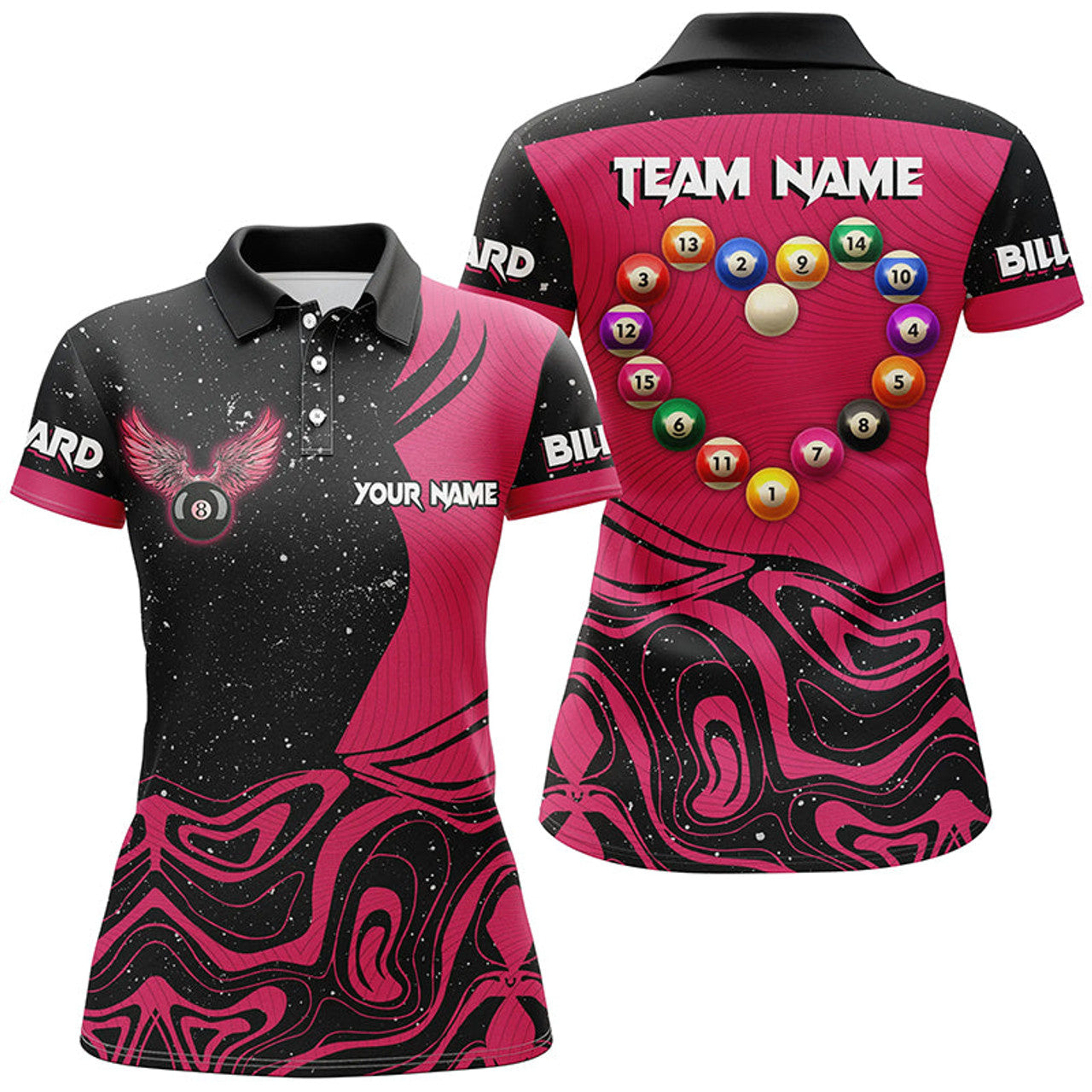 Custom Personalized Funny Billiard Balls Heart Pink Women's Polo Shirts S-5XL