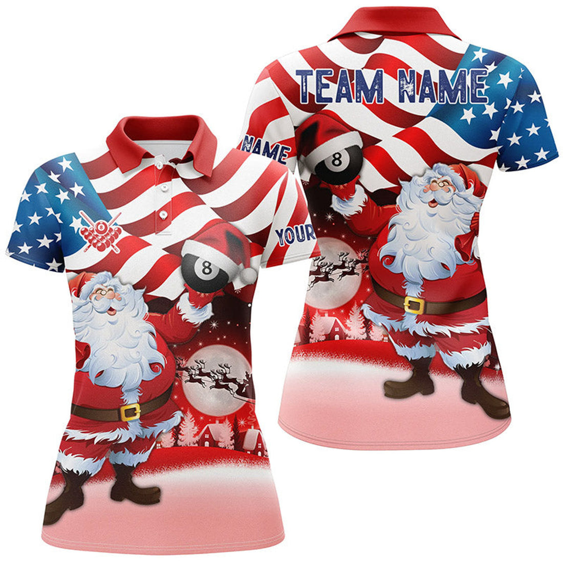 Custom Name Santa Holding Billiard 8 Ball USA Flag Women's Polo Shirts S-5XL