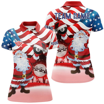 Custom Name Santa Holding Billiard 8 Ball USA Flag Women's Polo Shirts S-5XL