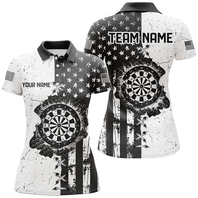 Custom Personalized Black White Grunge US Flag Darts Shirts Women's Polo Shirts S-5XL
