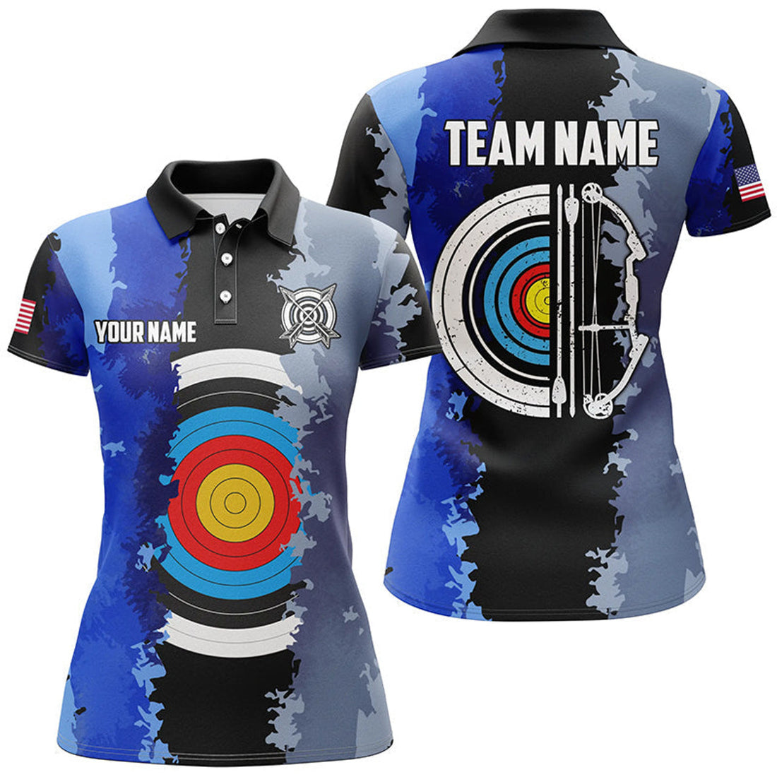 Custom Blue Archery Target 3D for Team League Women's Polo Shirts S-5XL