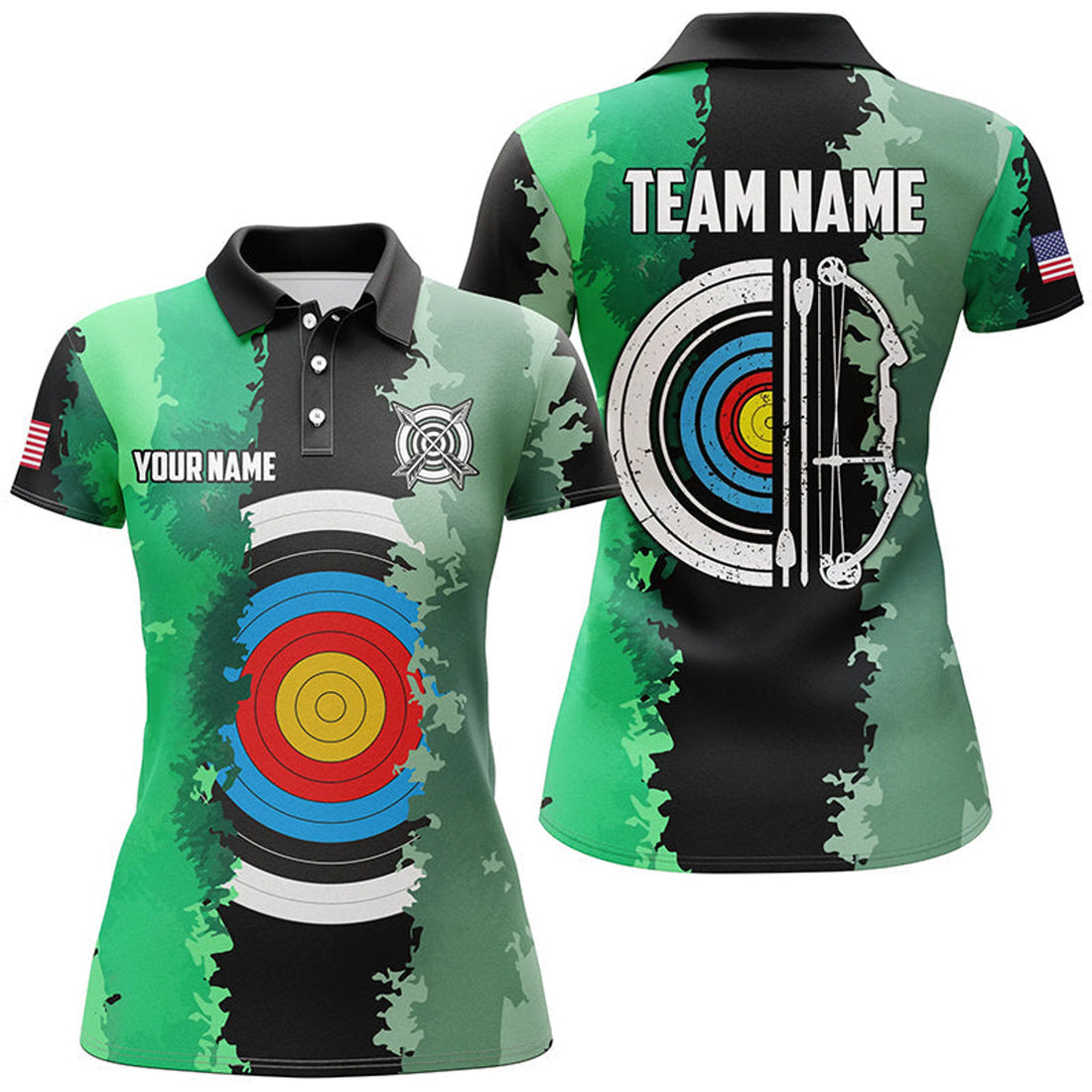 Custom Personalized Green Archery Target 3D Team League Women's Polo Shirts S-5XL