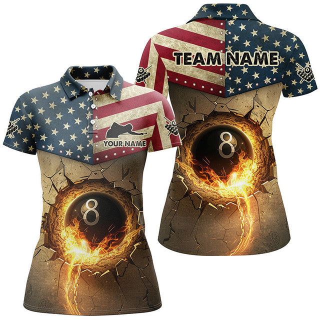 Custom Vintage US Flag 8 Ball Burning Billiard Shirts For Women's Polo Shirts S-5XL