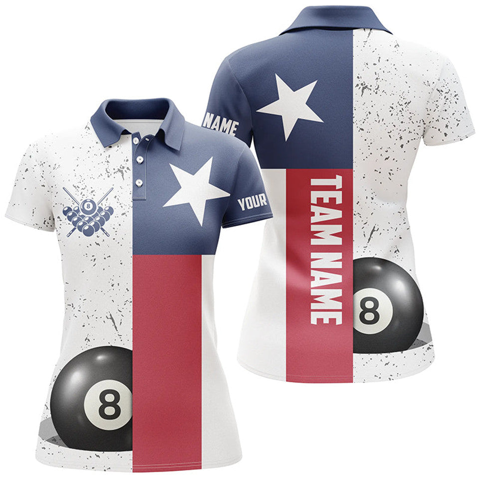 Custom Name Grunge Texas Flag Billiard Patriotic Apparel Women's Polo Shirts S-5XL