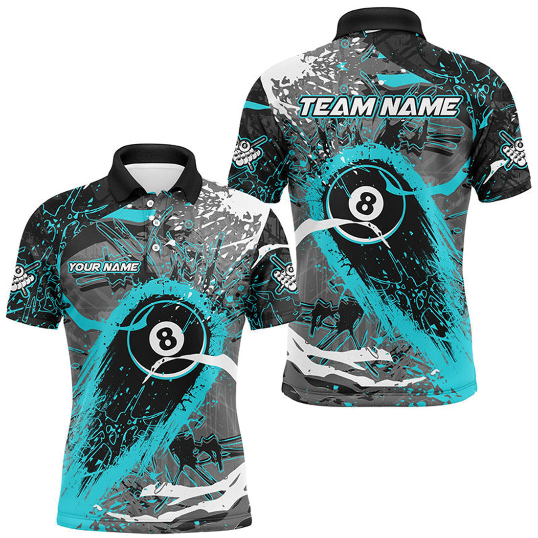 Custom Billiard 8 Ball Pool Turquoise Grunge Stains Men's Polo Shirt S-5XL
