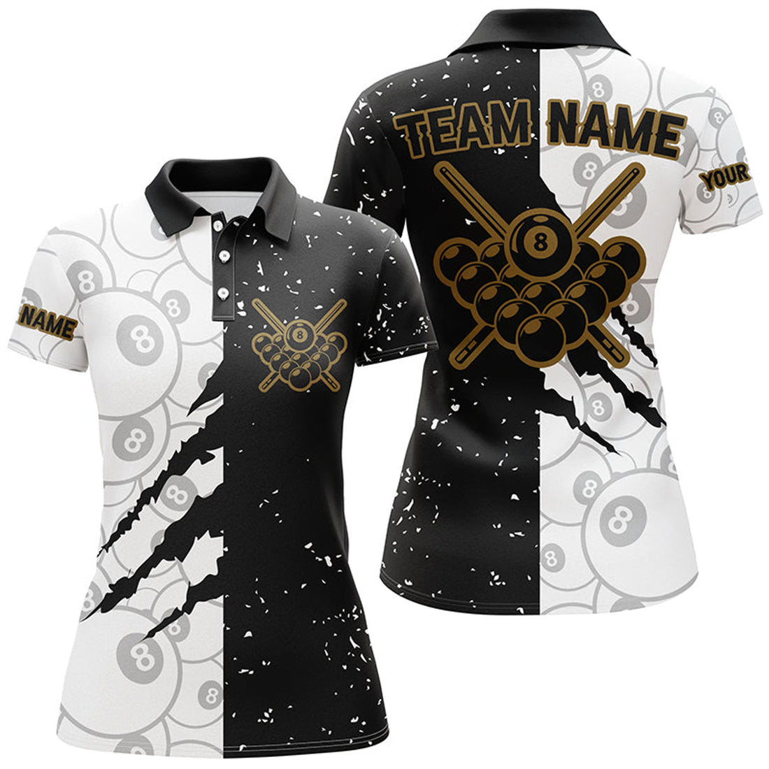 Custom Grunge Black White 8 Ball Pool Women Polo Shirts S-5XL