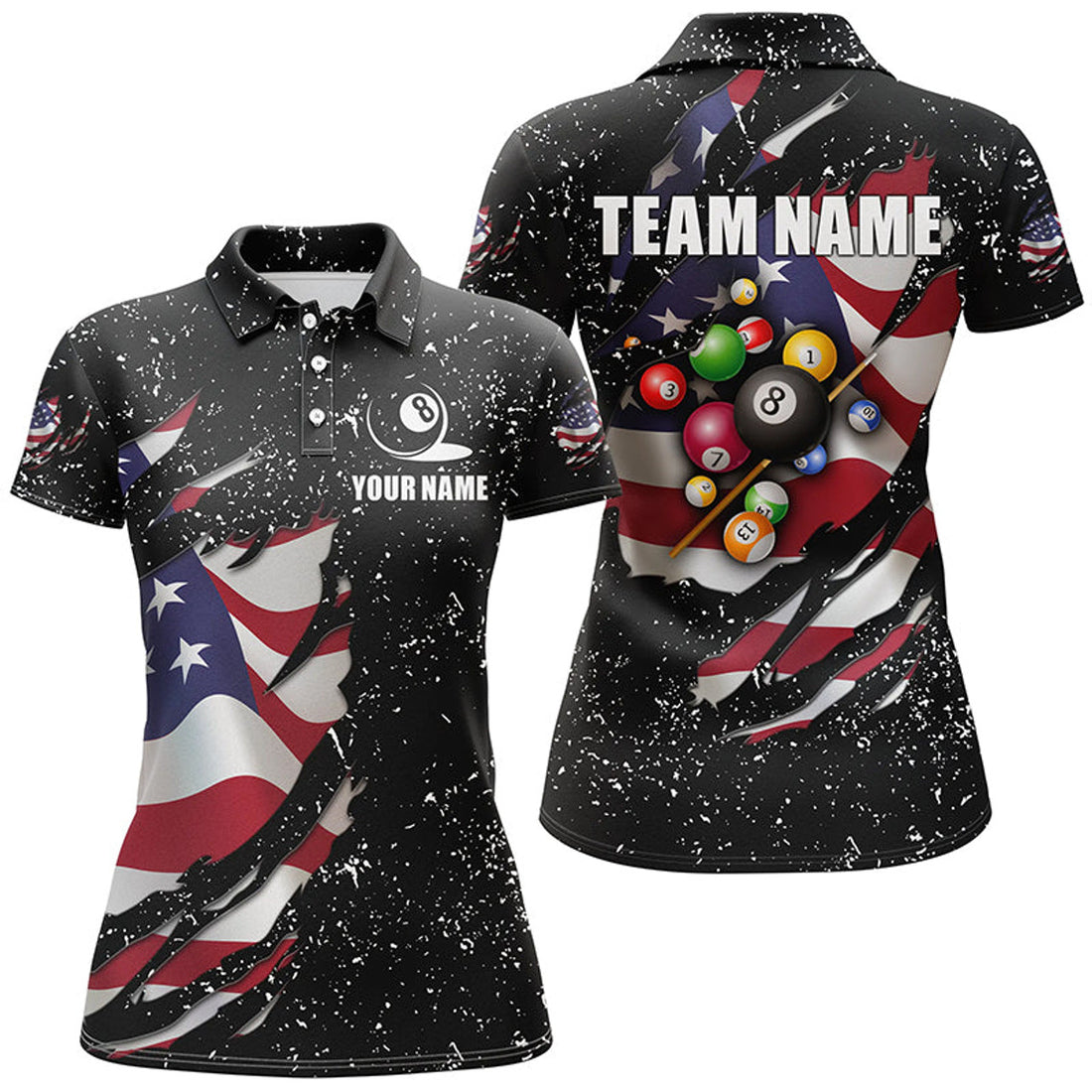 Custom Name Grunge US Flag Billiard Balls Patriotic Design Women's Polo Shirts S-5XL