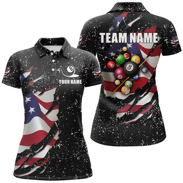 Custom Name Grunge US Flag Billiard Balls Patriotic Design Women's Polo Shirts S-5XL