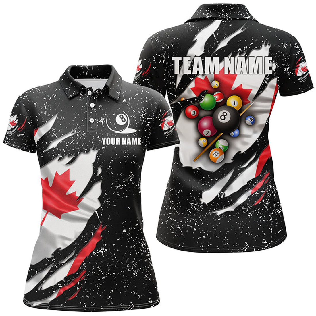 Custom Grunge Canada Flag Billiard Attire with 3D Balls Design Women's Polo Shirts S-5XL