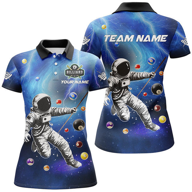Custom Funny Astronaut Billiard Printed Blue Apparel Women's Polo Shirts S-5XL