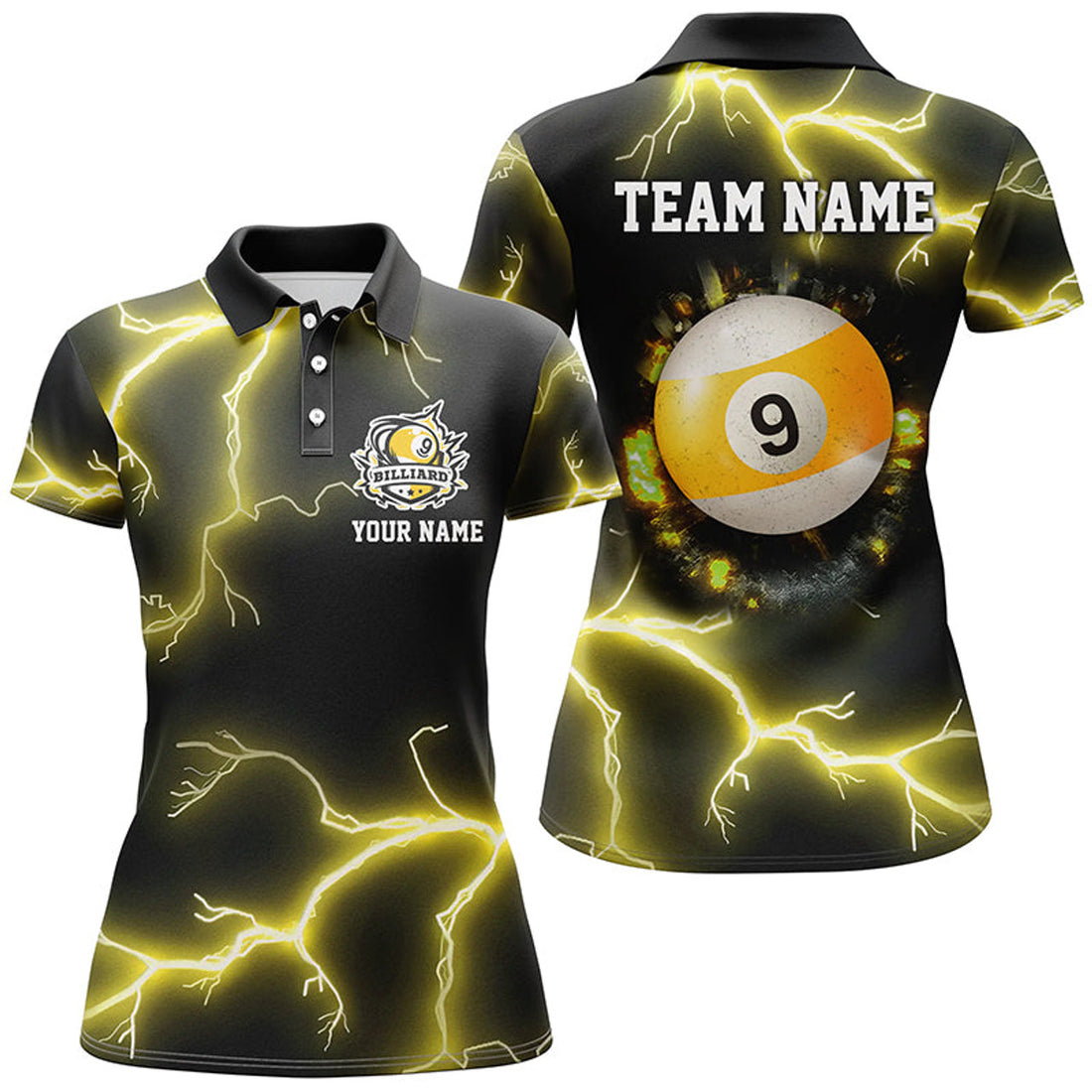 Custom Personalized Yellow 9 Ball Pool Thunder Lightning Women's Polo Shirts S-5XL
