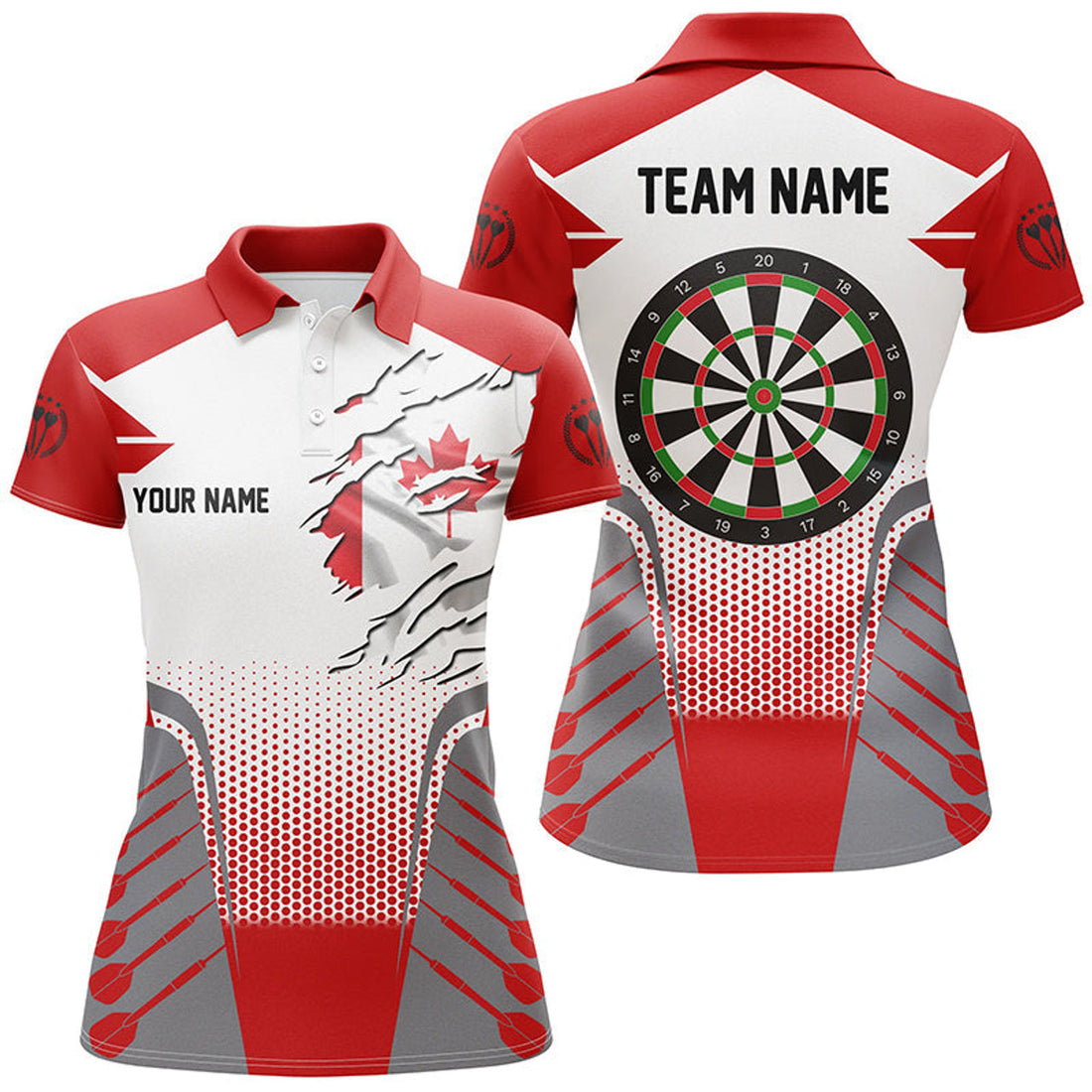 Custom White Red Canada Flag Darts for Team Women's Polo Shirts S-5XL