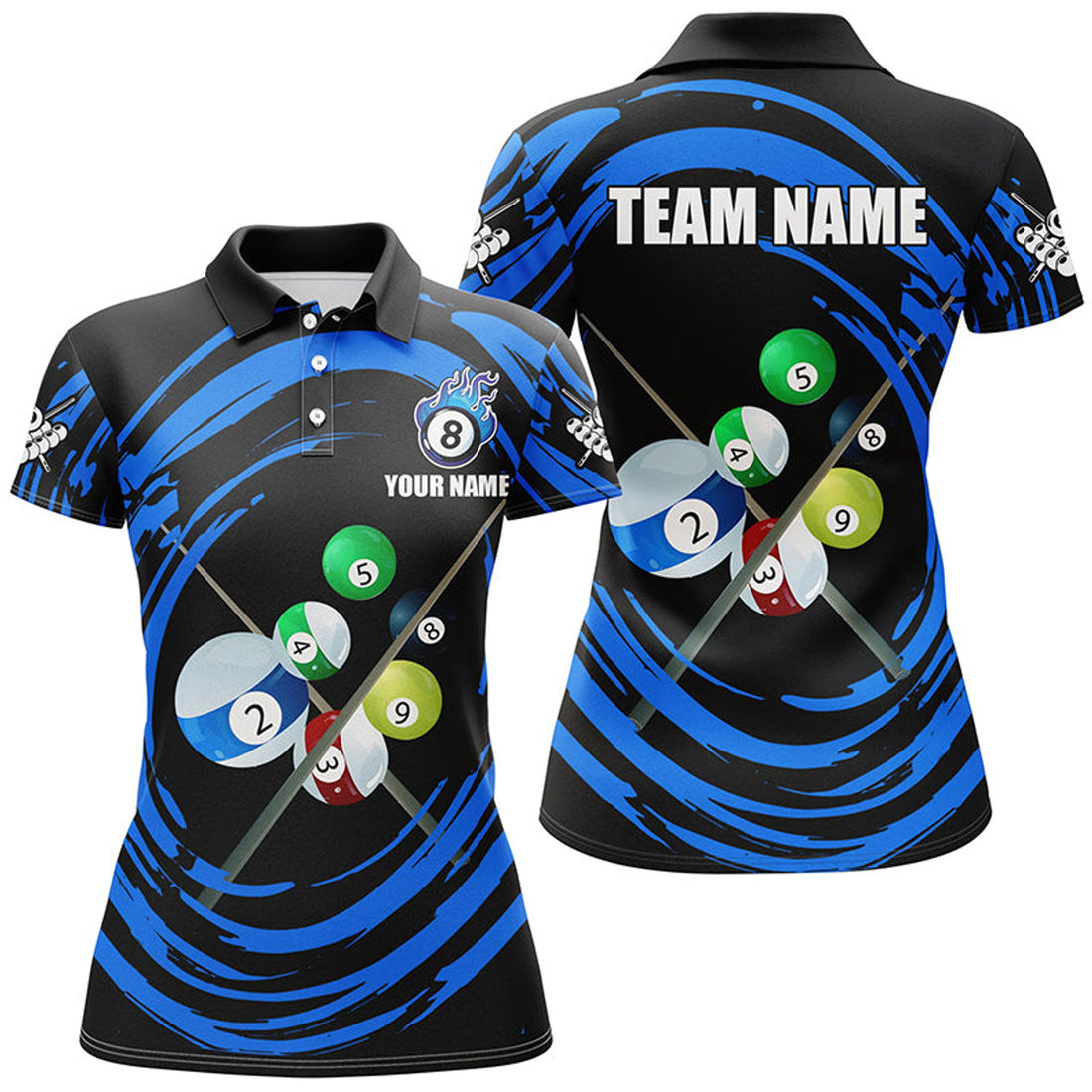 Custom Blue Billiard Cue and Wave Pattern Polo Women's Polo Shirts S-5XL