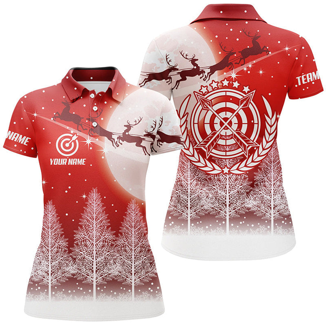 Custom Funny Archery Christmas Shirt with Pine Trees Design Women's Polo Shirts S-5XL