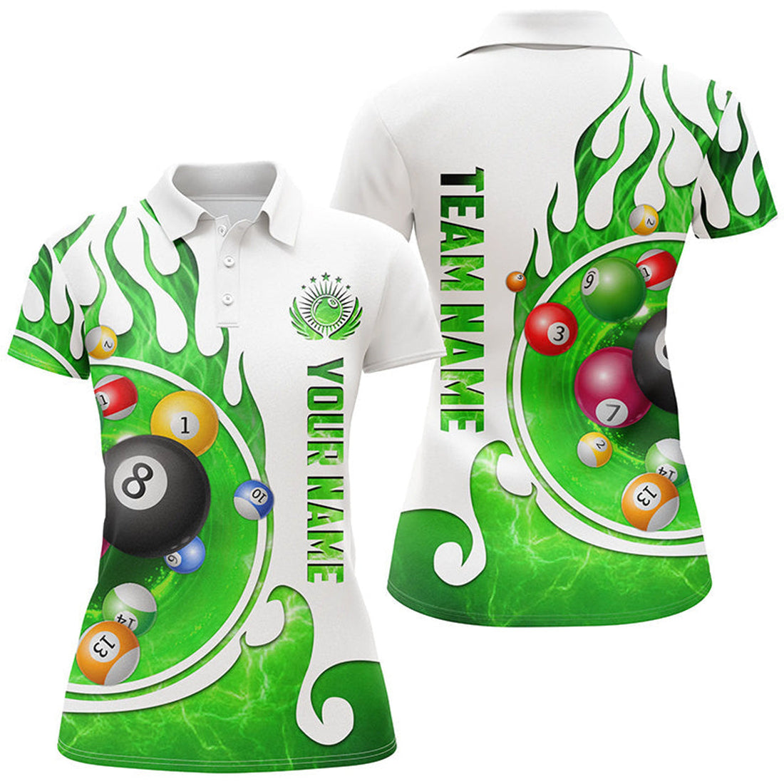 Custom Personalized Name Billiard Fire for Green Women's Polo Shirts S-5XL