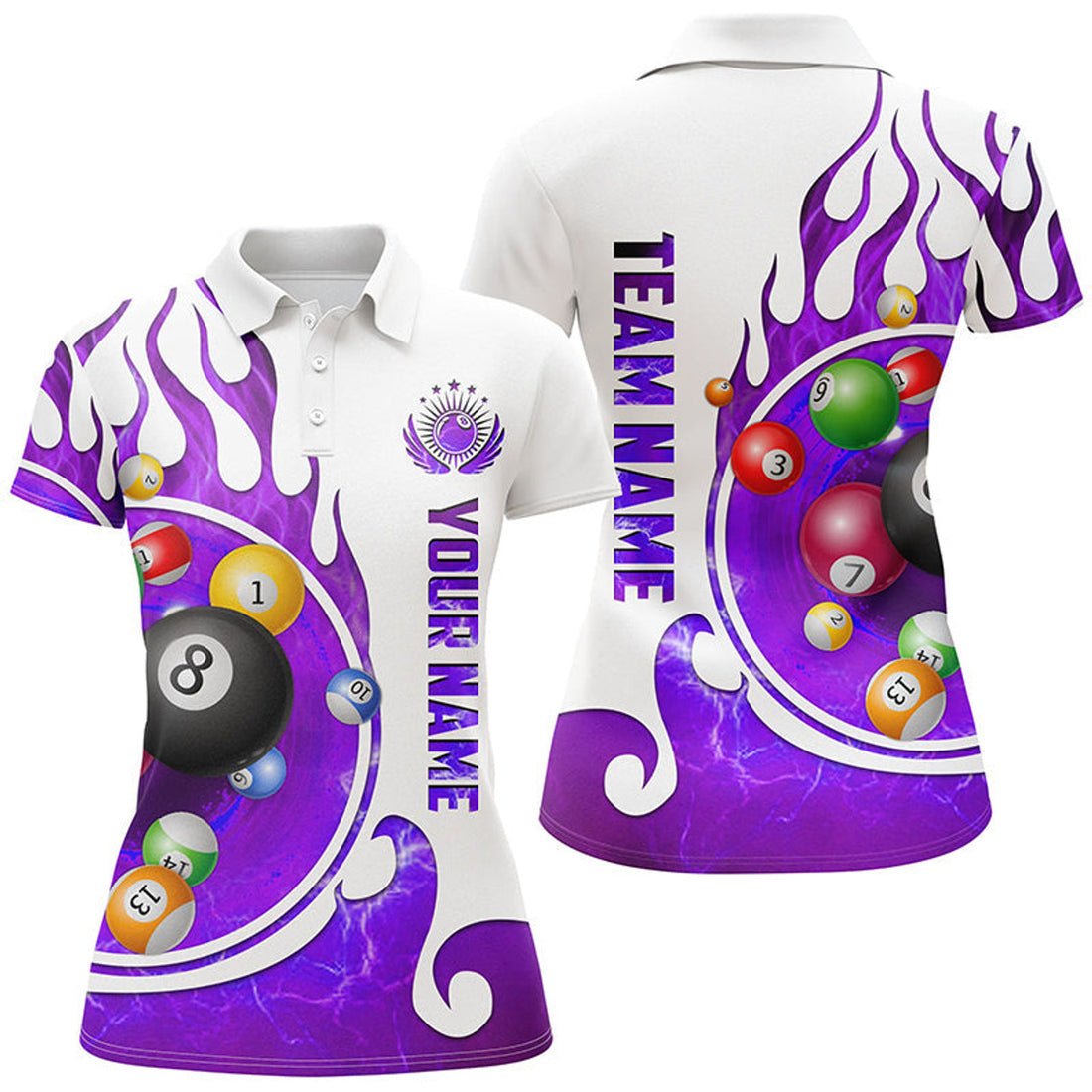 Custom Personalized Name Billiard Fire for Purple Women's Polo Shirts S-5XL