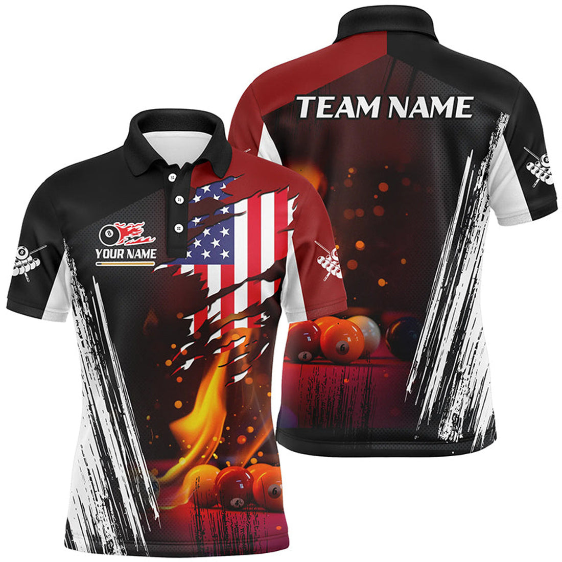 Patriotic US Flag Billiard Balls Fire Flame Custom Team Men's Polo Shirt S-5XL