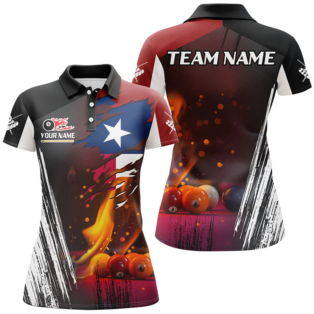 Custom Patriotic Texas Flag Fire Billiard Team Women's Polo Shirts S-5XL