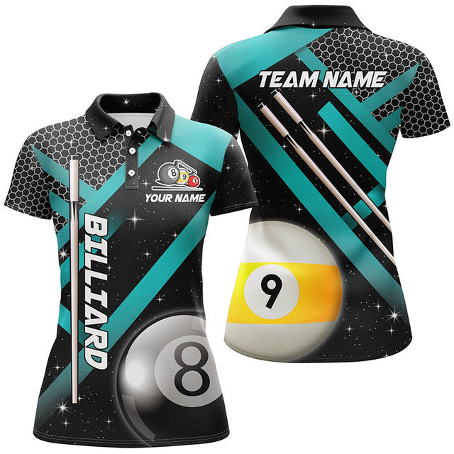 Custom Turquoise Billiard 8 Ball 9 Ball Pool Unique Design Women's Polo Shirts S-5XL