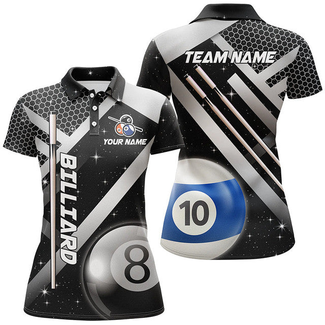 Custom Black Billiard 8 Ball 10 Ball Pool Uniform Shirts Women's Polo Shirts S-5XL
