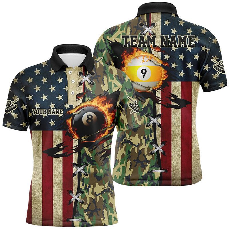 Billiards Ball 8 9 Fire American Flag Custom Green Camo Mens Polo Shirt S-5XL