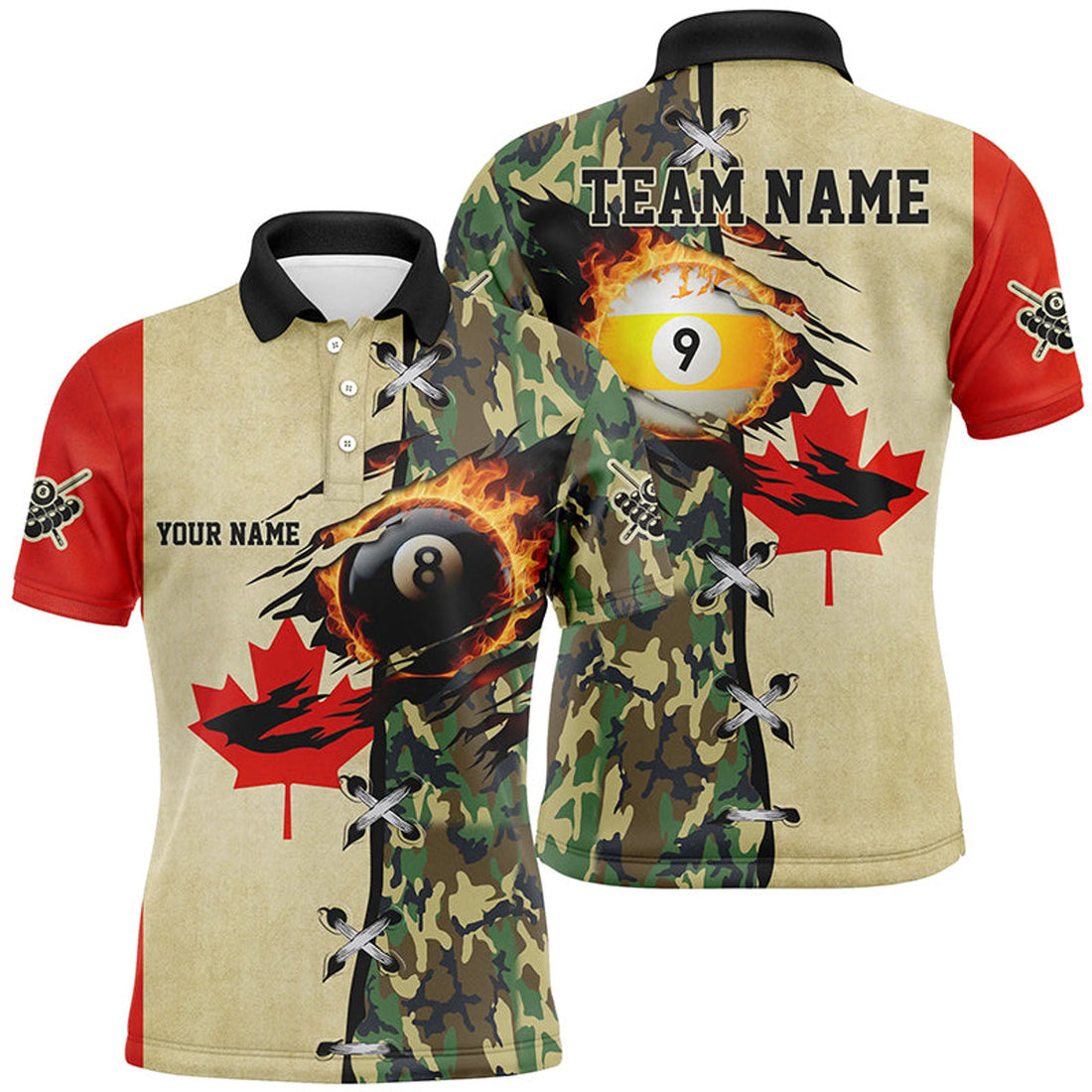Billiards Ball 8 9 Fire Canada Flag Green Camo Mens Polo Shirt S-5XL