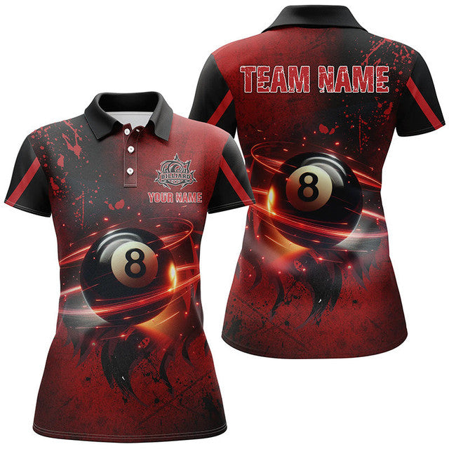 Custom Red Glowing 8 Ball Pool 3D Billiard for Team Women's Polo Shirts S-5XL
