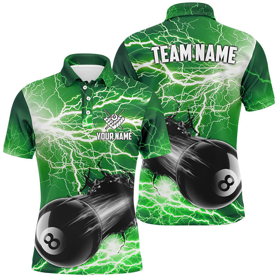 Funny 8 Ball Pool Rush Out Custom Thunder Lightning Green Men's Polo Shirt S-5XL