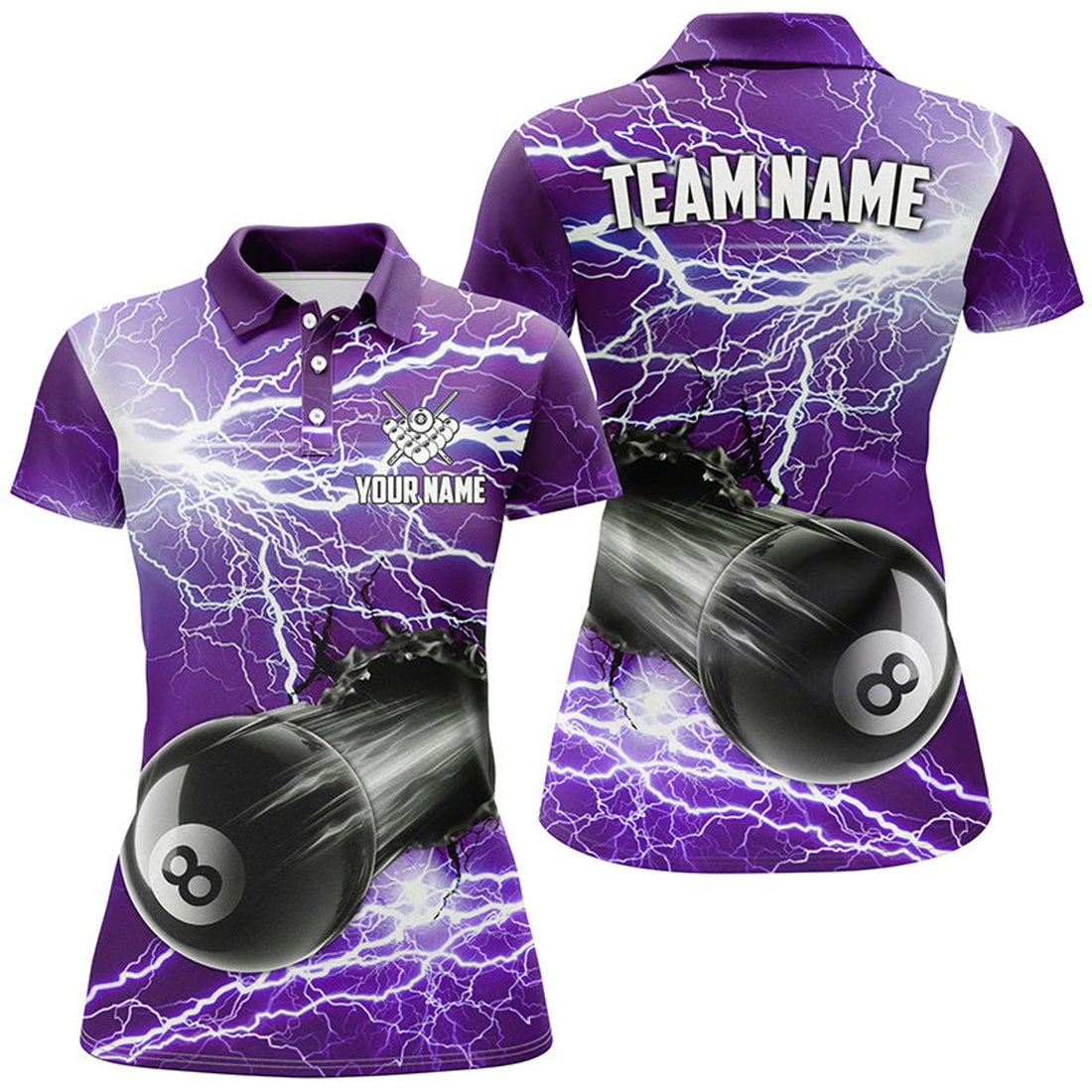 Custom Funny 8 Ball Pool Purple Women's Polo Shirts S-5XL