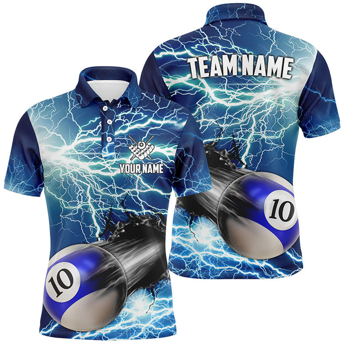 Custom Funny 10 Ball Pool Rush Out Thunder Lightning Blue Men's Polo Shirt S-5XL