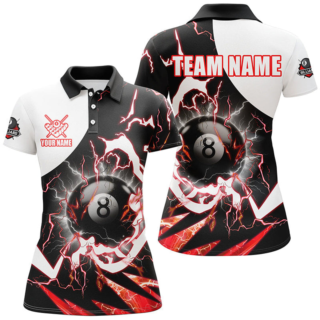 Custom 8 Ball Pool Lightning Thunder Red Billiard Team Women's Polo Shirts S-5XL