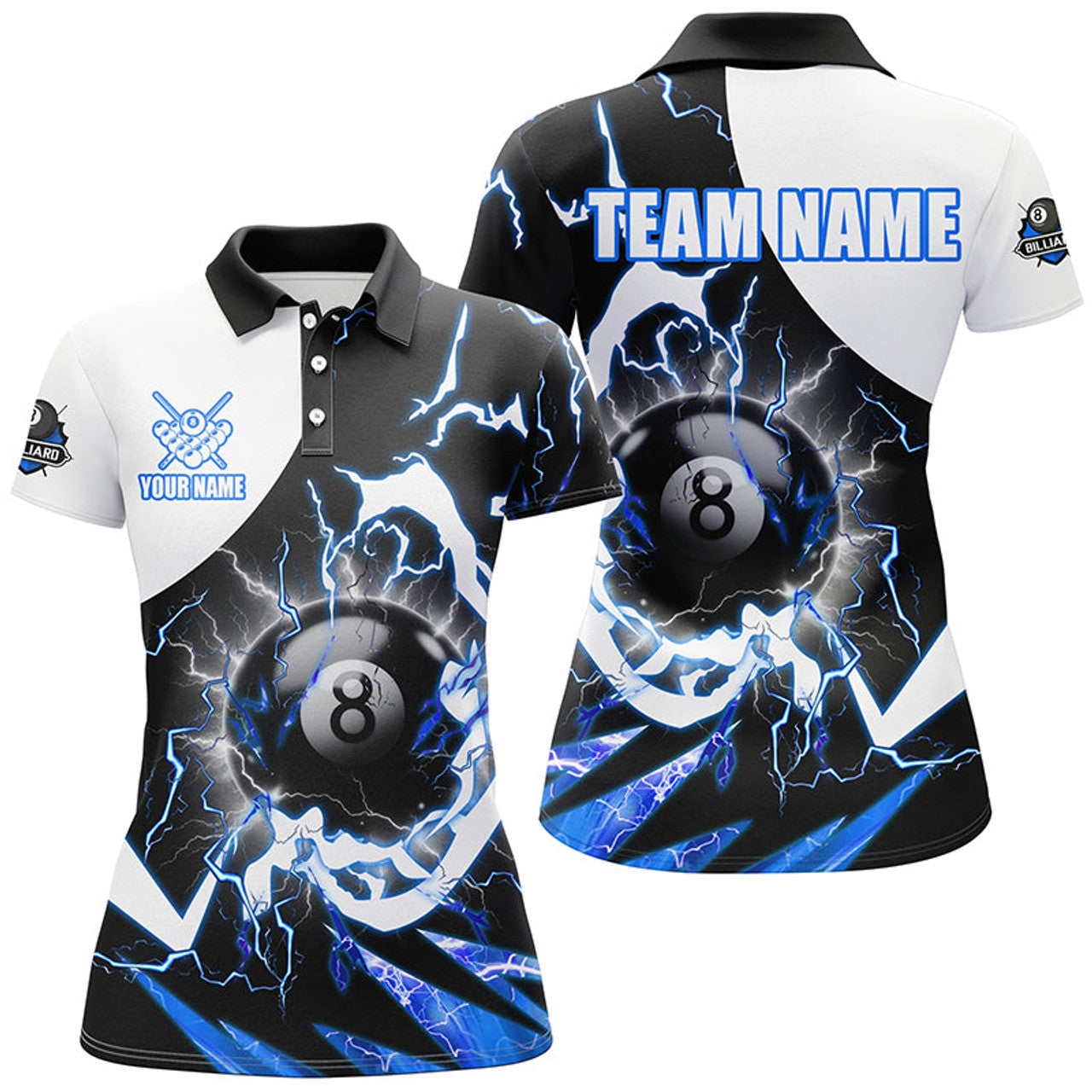 Custom 8 Ball Pool Billiard Lightning Thunder Blue Women's Polo Shirts S-5XL