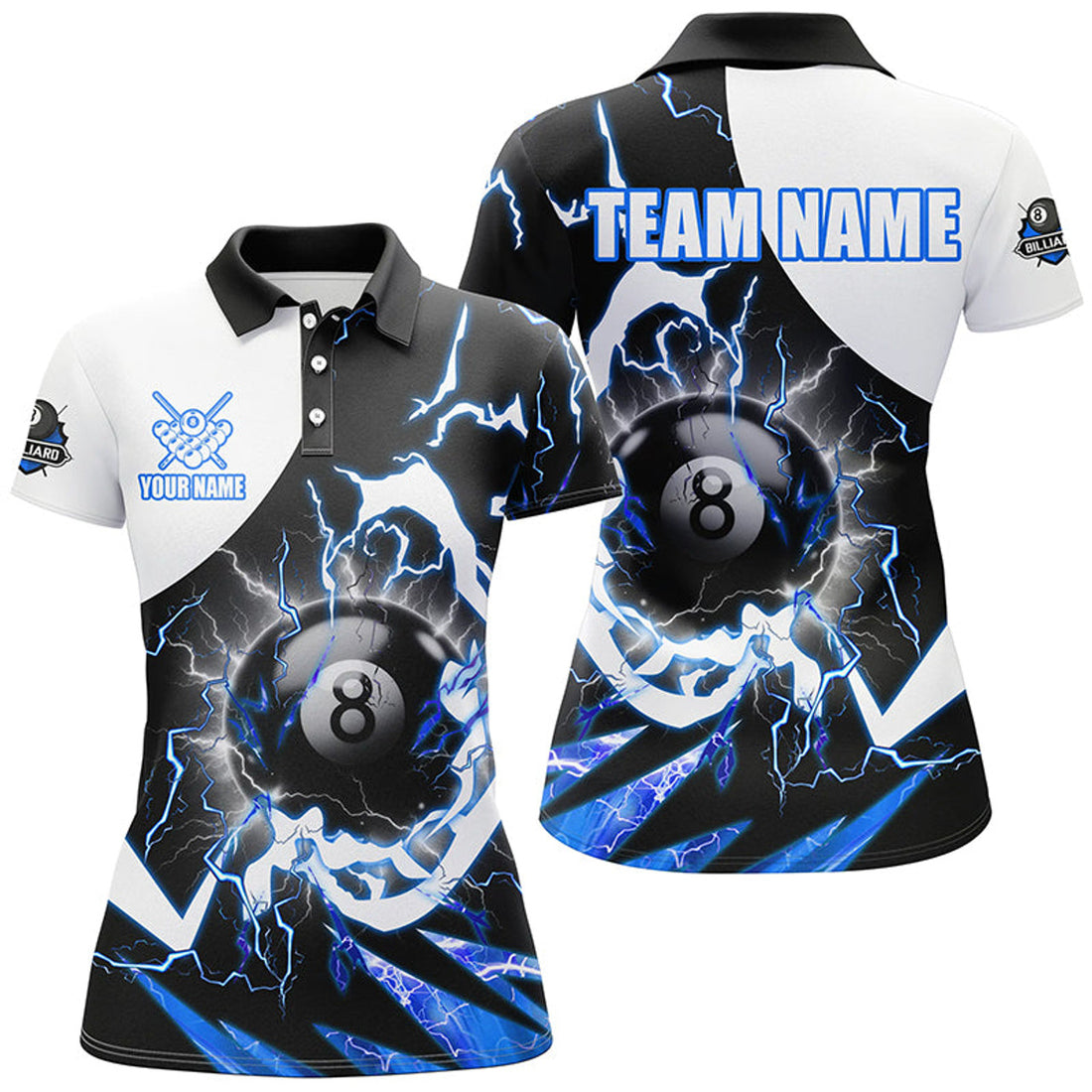 Custom 8 Ball Pool Billiard Lightning Thunder Blue Women's Polo Shirts S-5XL