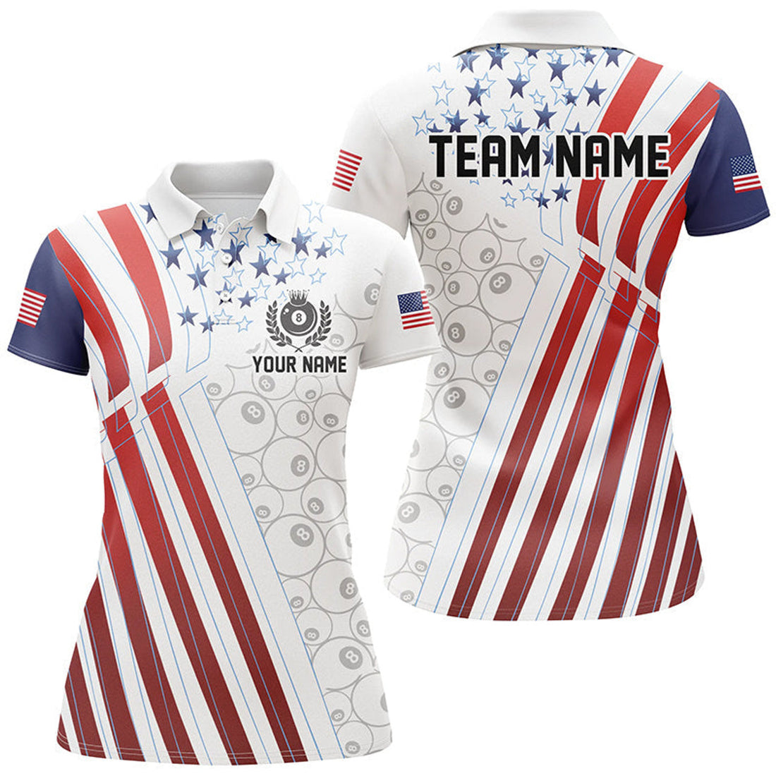 Custom Name Patriotic Billiard 8 Ball Pool Player US Flag Women's Polo Shirts S-5XL