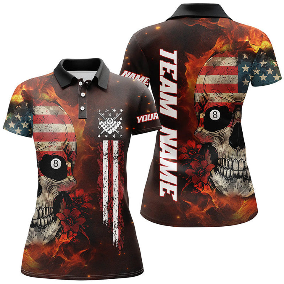Custom Name Patriotic Skull Fire Billiard American Flag Women's Polo Shirts S-5XL
