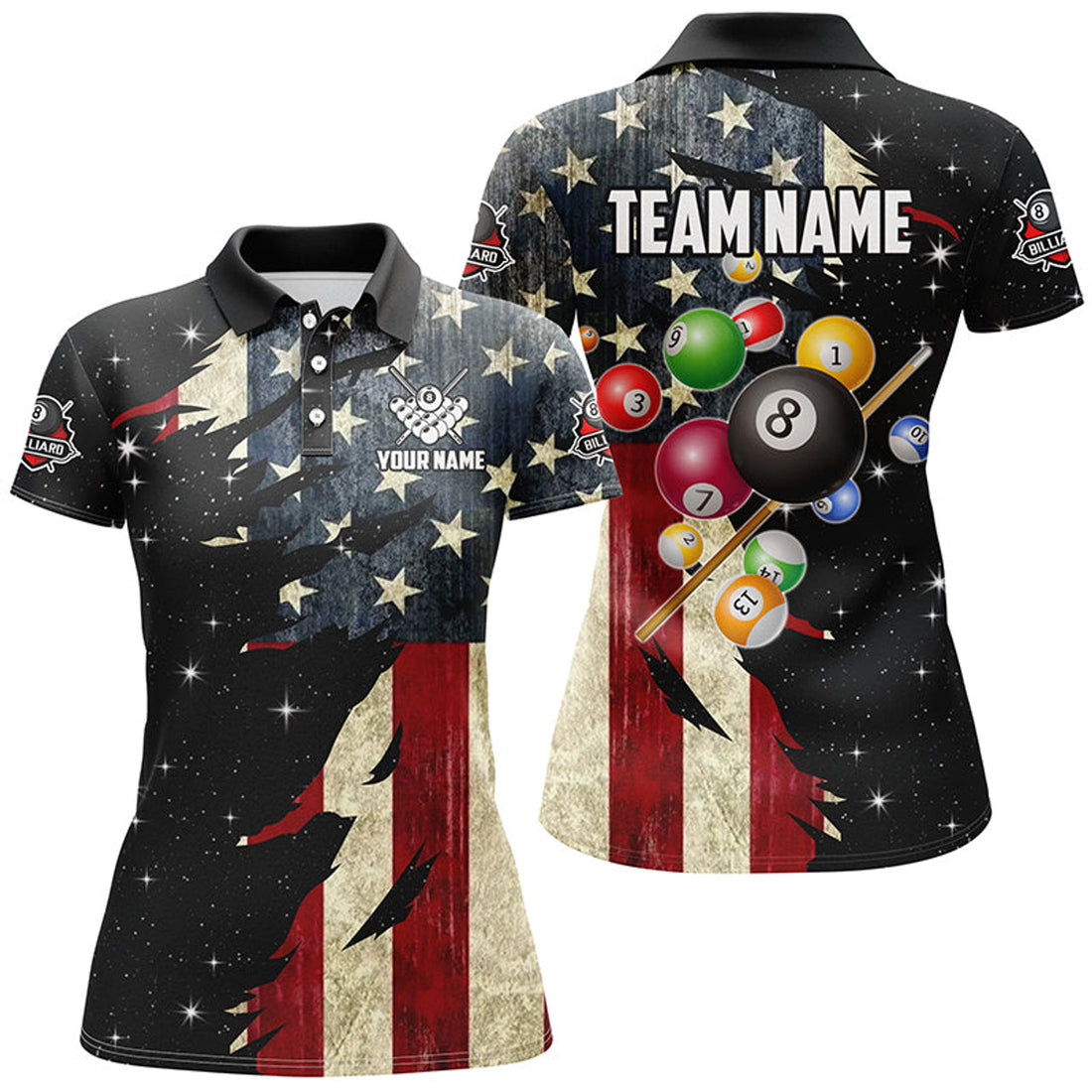 Custom Billiard Retro American Flag Galaxy Patriotic Shirt Women's Polo Shirts S-5XL