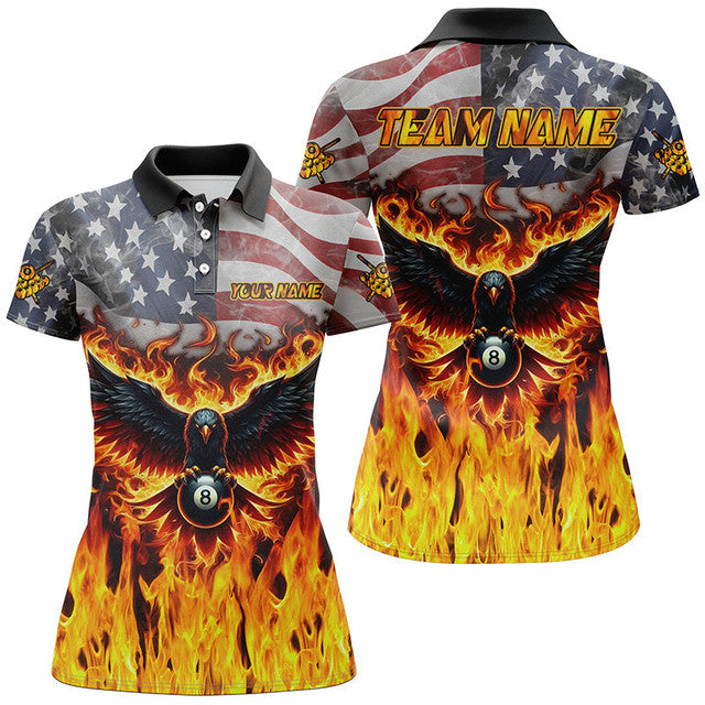 Custom Patriotic Eagle Billiard with Flame American Flag Women's Polo Shirts S-5XL