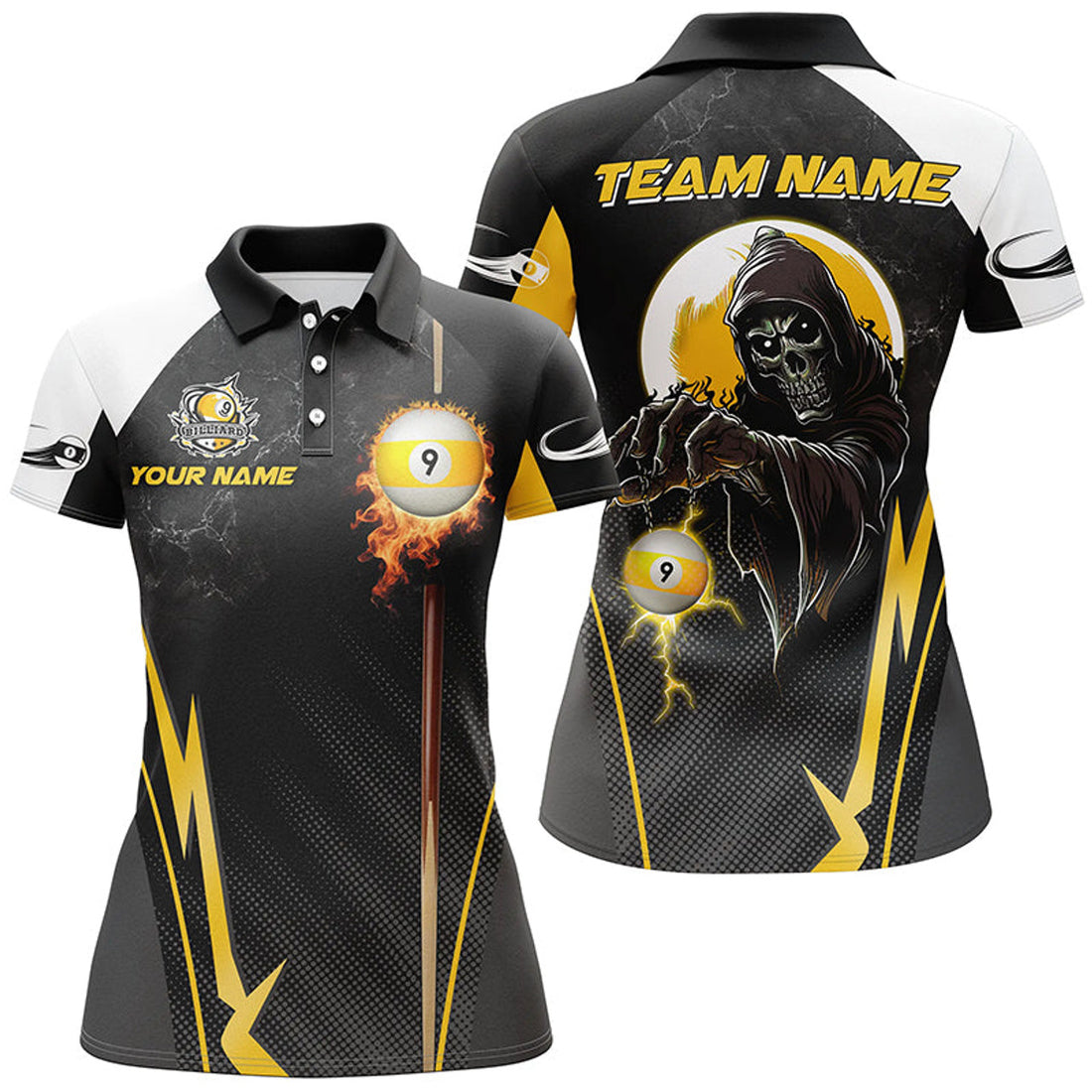 Custom Death Skeleton Billiard 9 Ball Pool Fire Cue Design Women's Polo Shirts S-5XL